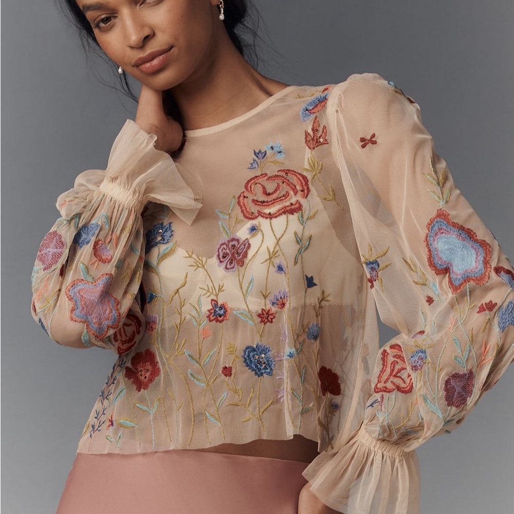 Anthropologie Layla Long Sleeve Appliqué Mesh Blouse